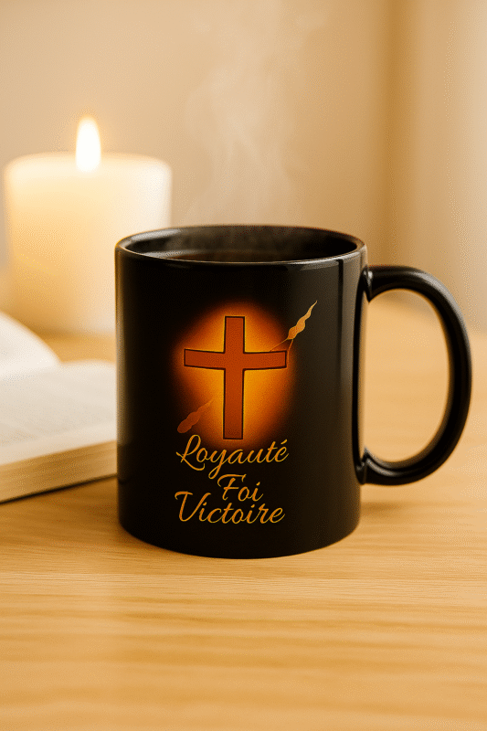 Mug chrétien noir Loyauté Foi Victoire posé sur une table avec Bible ouverte et bougie allumée – tasse spirituelle de prière et méditation chrétienne, symbole de foi et paix intérieure.