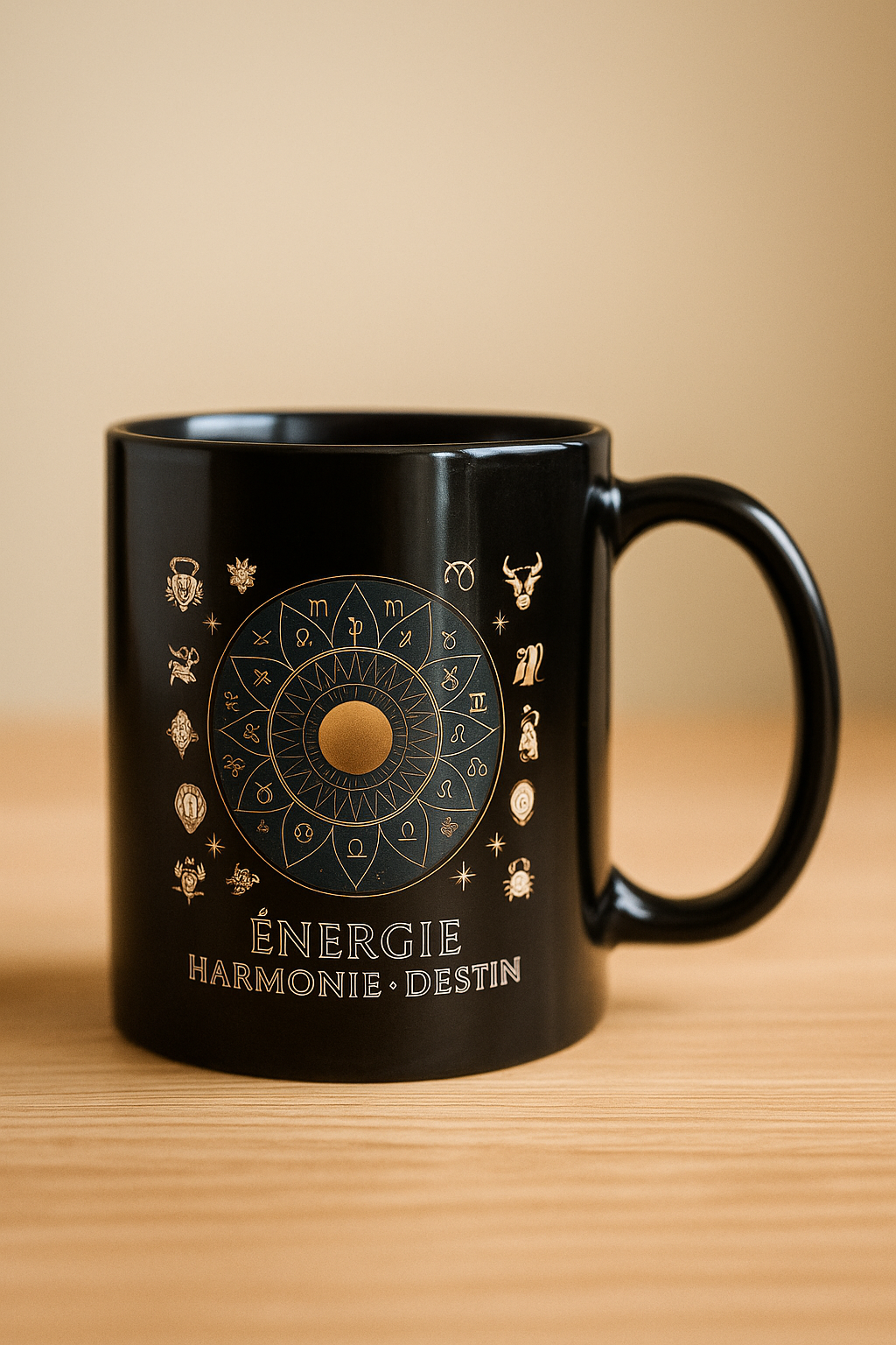 Mug noir Orakya avec design zodiaque doré “Énergie Harmonie Destin”. Tasse astrologique élégante représentant les signes du zodiaque, symbole de spiritualité, énergie et équilibre. Idéal pour les amateurs d’astrologie, de méditation et de café.