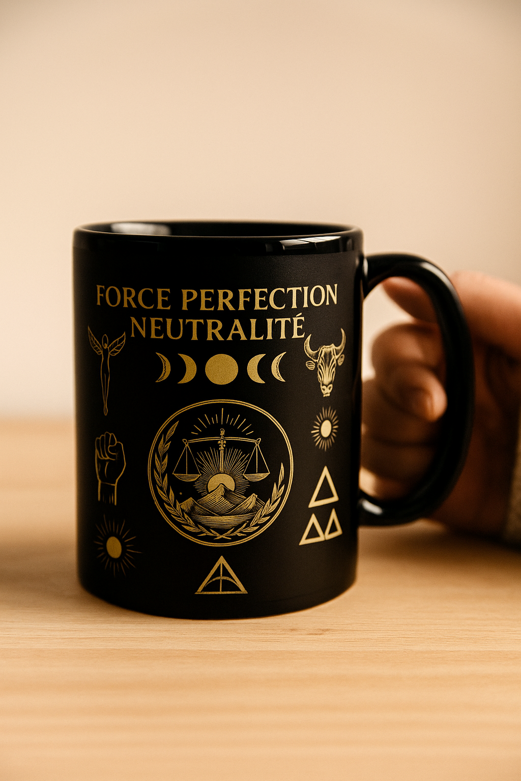 Mug noir Orakya “Force Perfection Neutralité” avec symboles dorés spirituels. Tasse design premium représentant l’équilibre, la sagesse et la force intérieure. Idéal pour les amateurs de méditation, de philosophie et de symboles spirituels.
