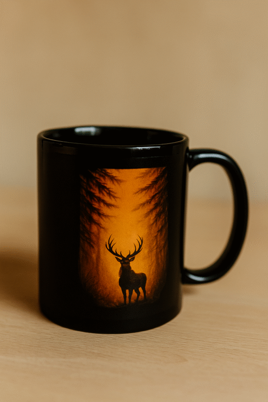 Mug noir Orakya avec illustration d’un cerf majestueux dans une forêt dorée au lever du soleil. Tasse élégante, design nature et spirituel, cadeau parfait pour les amateurs de café, de nature et de symbolisme.