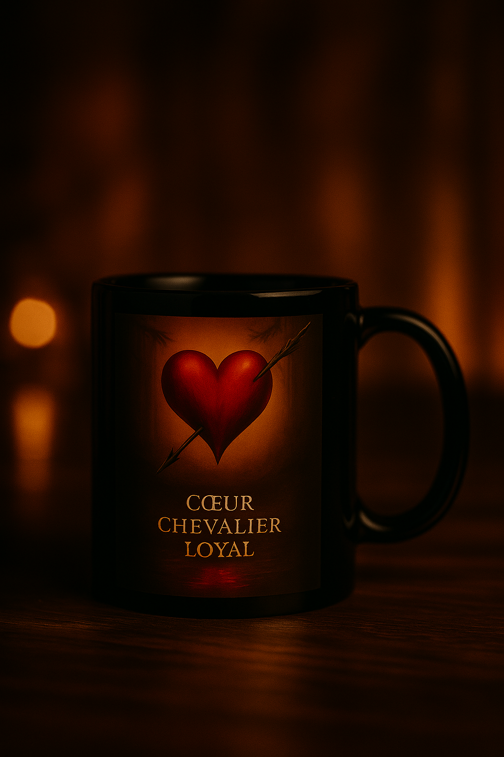 Mug mystique noir Orakya avec un cœur rouge transpercé d’une flèche, symbole de loyauté, d’amour et de courage. Tasse spirituelle dorée au style médiéval et lumineux, sur table en bois sombre.