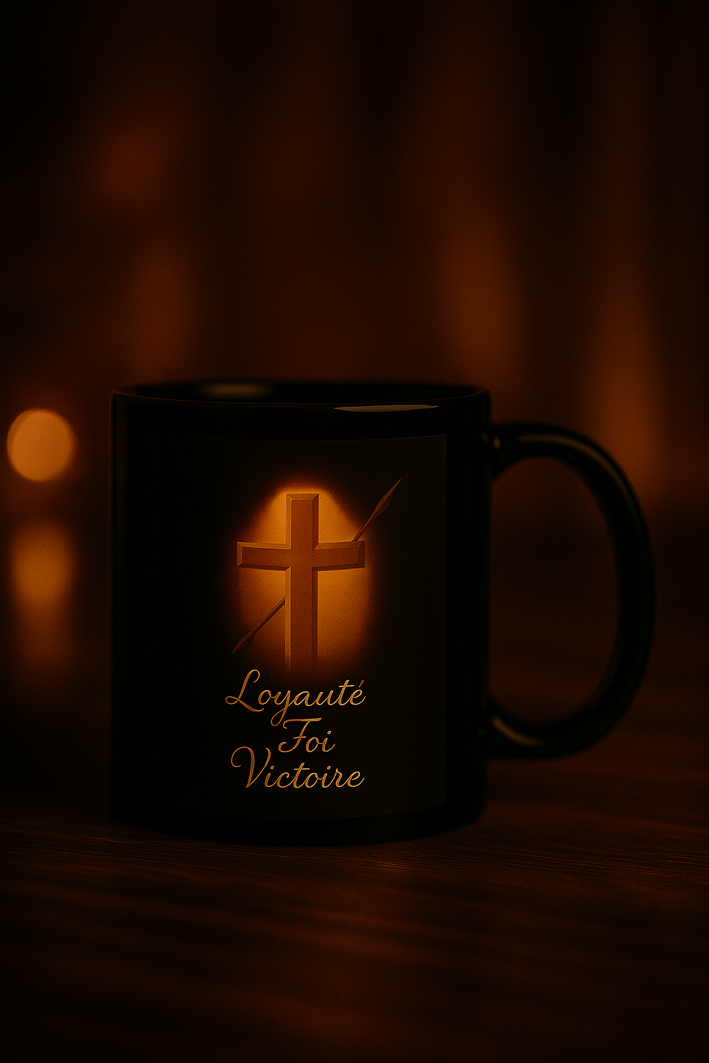 Mug noir spirituel Orakya avec croix dorée et texte “Loyauté Foi Victoire”. Tasse mystique religieuse sur table en bois sombre, ambiance dorée et lumineuse. Objet symbolique de foi, force et victoire intérieure.