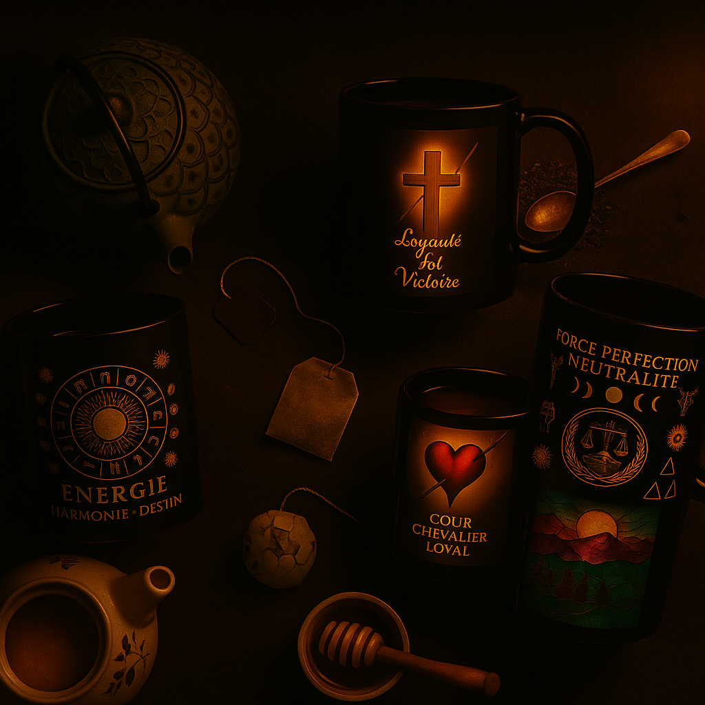 Mugs mystiques Orakya — collection spirituelle en céramique noire avec symboles dorés, photographie publicitaire premium à la lumière dorée, ambiance zen et élégante.