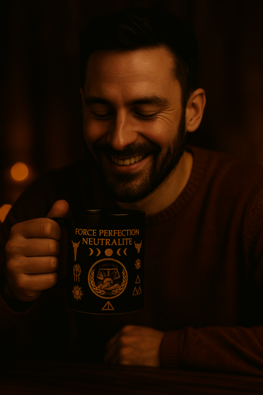 Homme souriant tenant un mug noir Orakya décoré de symboles dorés représentant la force, la perfection et la neutralité. Photographie publicitaire premium avec lumière dorée, ambiance zen et élégante.